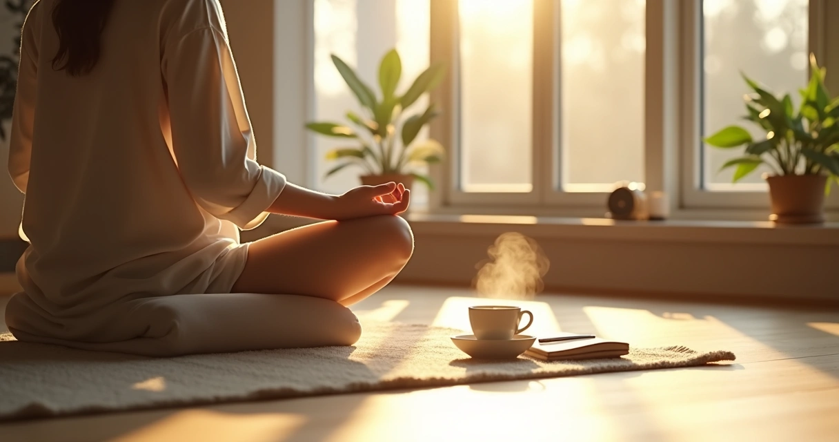 Pessoa sentada em meditação ao lado de uma xícara de chá em uma sala iluminada pelo sol da manhã 