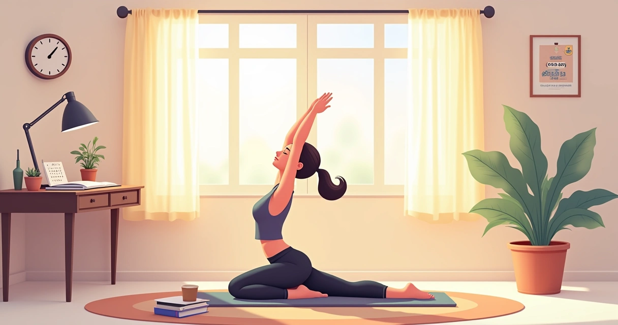 Representação artística de uma rotina matinal serena, com uma pessoa praticando exercícios em um ambiente aconchegante.