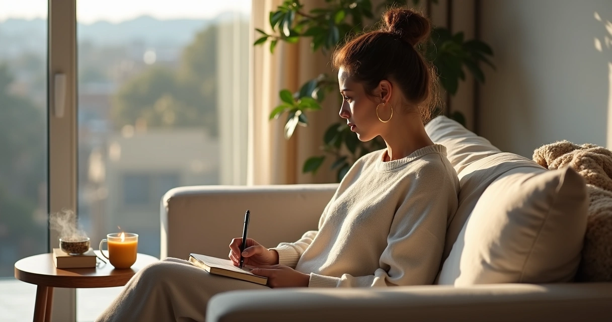 Pessoa sentada em sofá próximo à janela escrevendo em diário com xícara de chá ao lado 