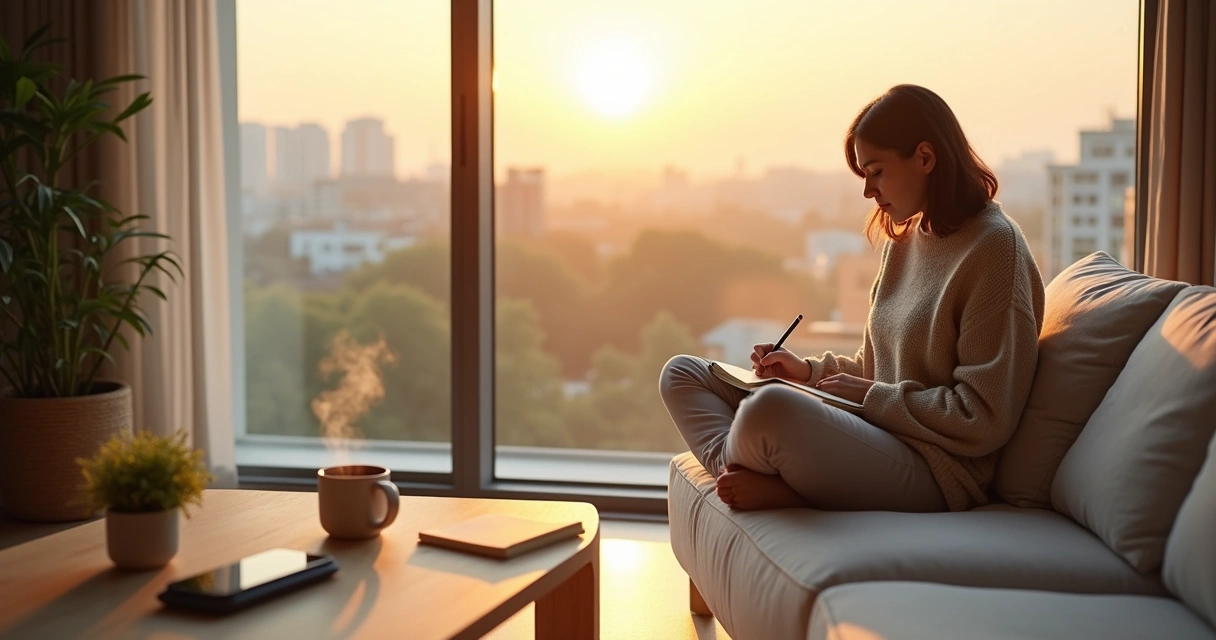 Pessoa sentada em frente à janela pela manhã escrevendo em um caderno de reflexão 