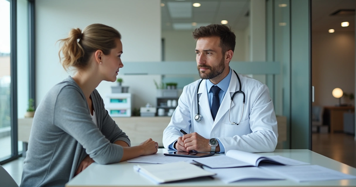 Médico digitando informação em tablet durante atendimento 