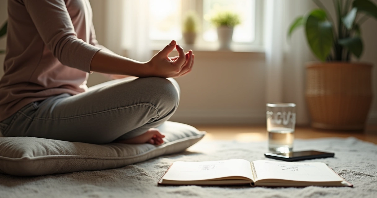 Pessoa sentada para meditar ao lado de agenda e celular desligado