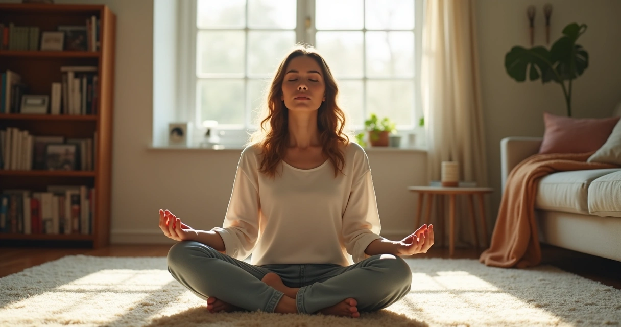 Mulher adulta sentada no chão de casa, olhos fechados, praticando meditação 