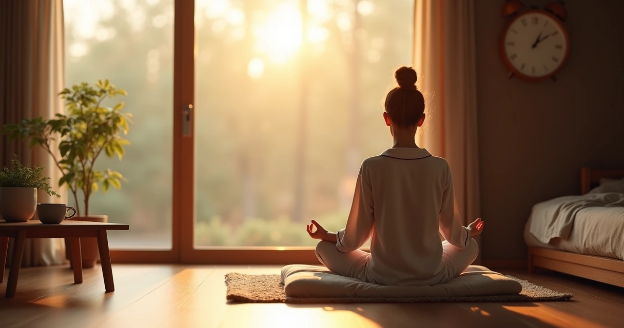 Ambiente doméstico com pessoa meditando de manhã 