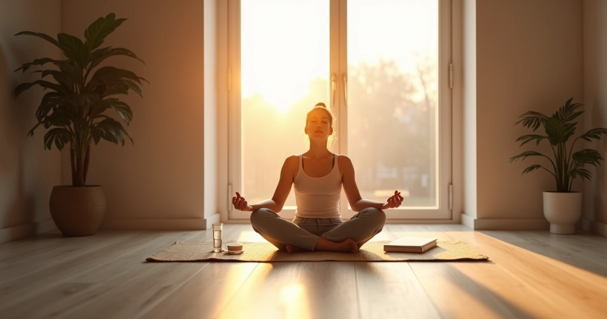 Pessoa sentada em silêncio em frente à janela iluminada pela manhã, praticando meditação matinal 