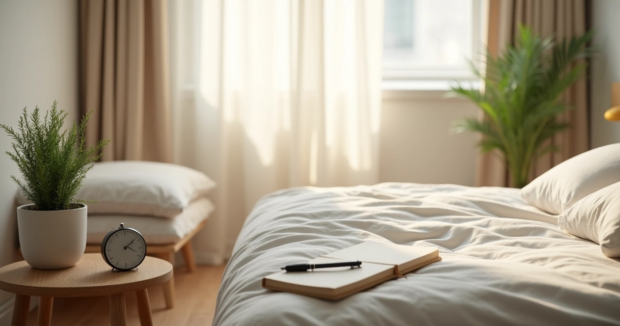 Caderno de anotações, relógio e almofada no quarto, indicando rotina de meditação. 