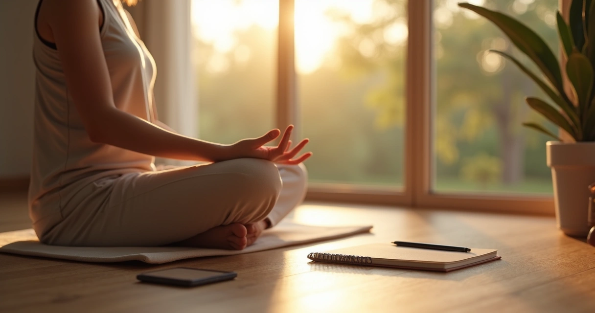 Pessoa sentada em meditação com caderno ao lado e celular desligado sobre a mesa 