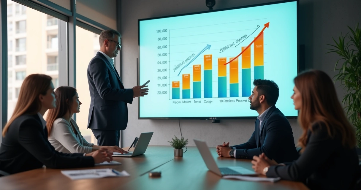 Gestor apontando para gráfico de vendas em tela grande, equipe observa atenta 