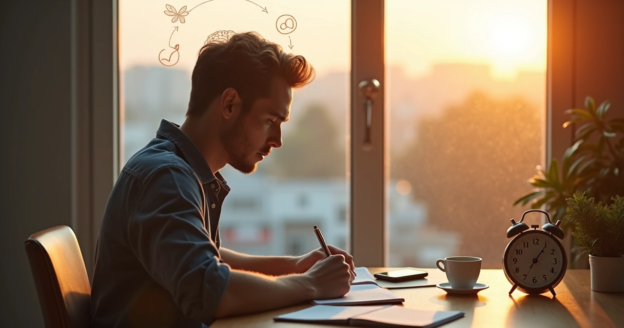 Pessoa sentada em frente à janela escrevendo em diário com ilustrações de mente organizada ao fundo 