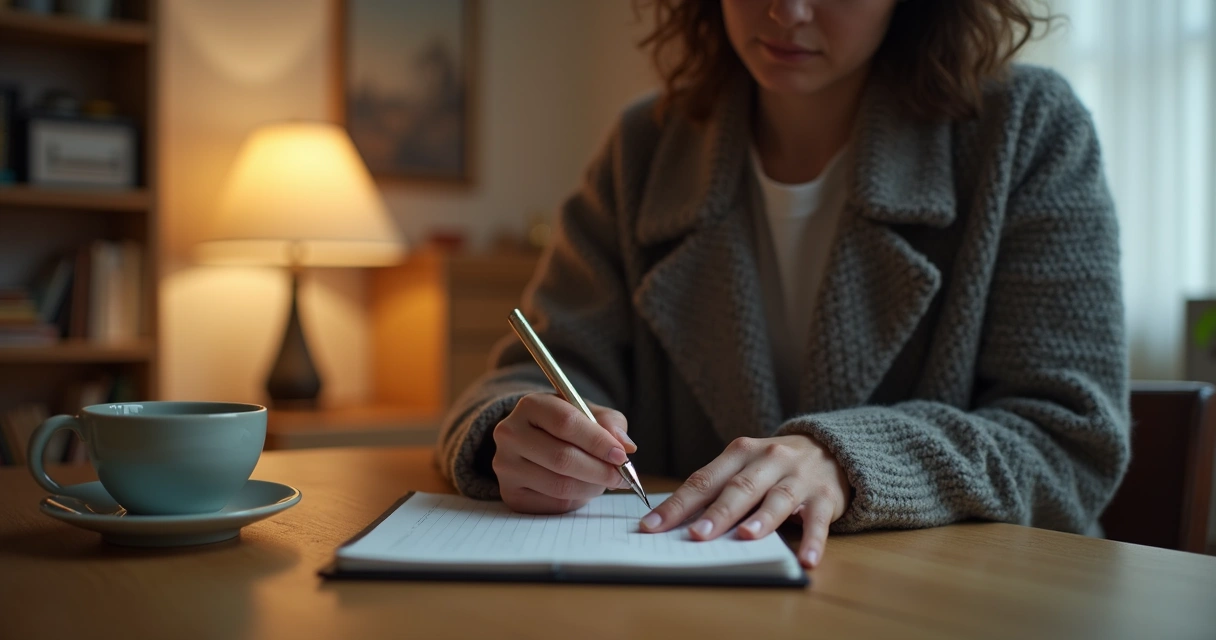 Pessoa escrevendo em bloco de notas em ambiente calmo 