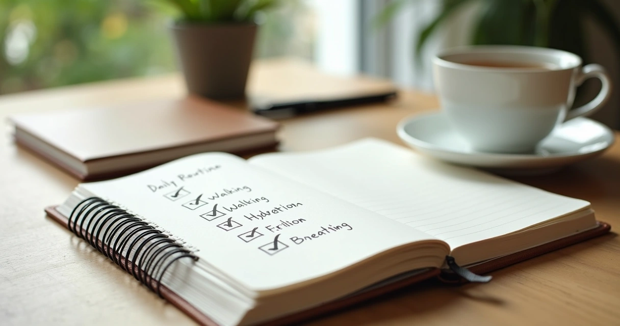 Agenda aberta com rotina de micro-hábitos marcada 