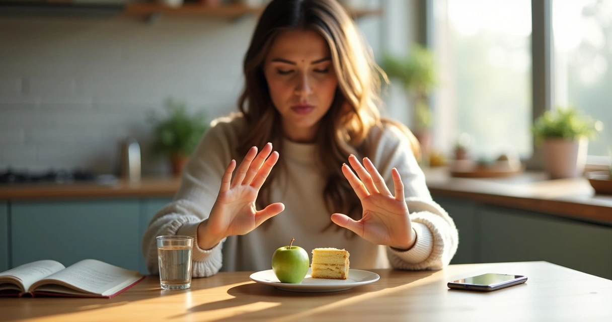 Pessoa sentada à mesa, escolhendo entre uma maçã e um doce, foco nas mãos, livro aberto ao lado 
