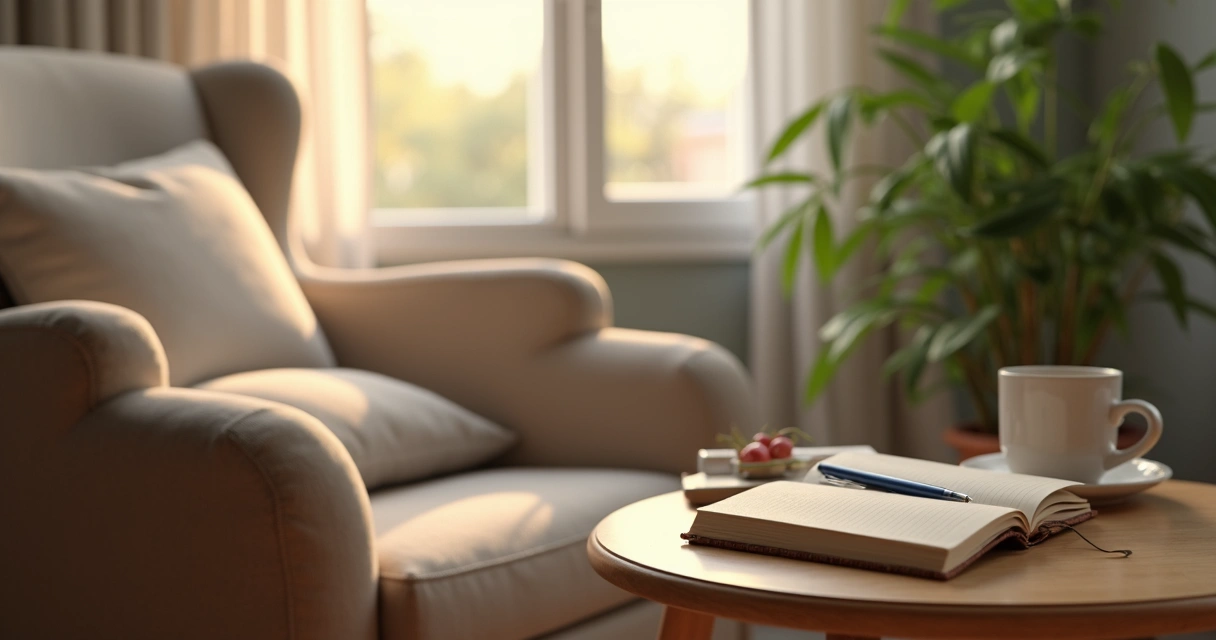 Ambiente tranquilo em casa com itens de mindfulness em destaque 