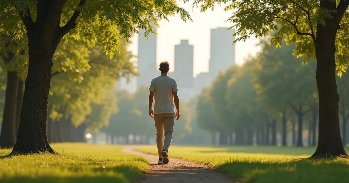Pessoa caminhando lentamente em um parque urbano praticando mindfulness 