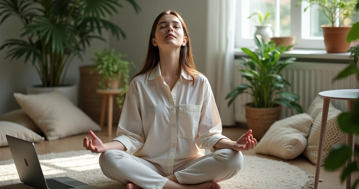Mulher jovem em ambiente doméstico, praticando meditação sentada perto de notebook fechado. Luz suave e plantas ao redor. 