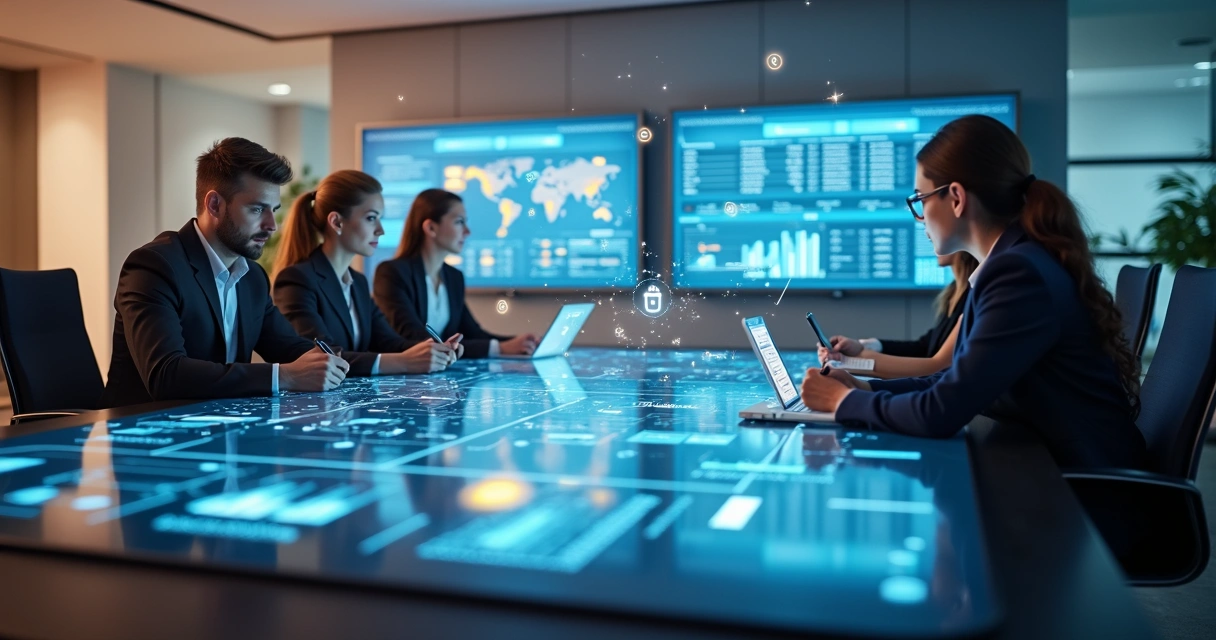 Equipe jurídica trabalhando junto a computadores com documentos digitais organizados 