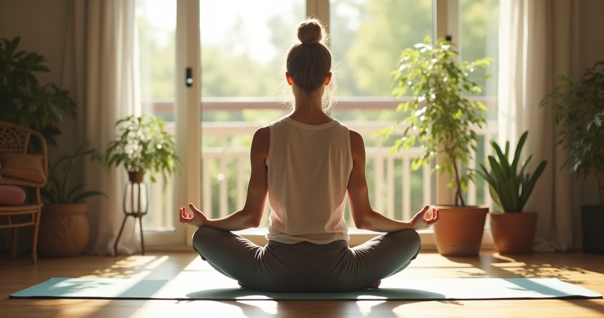 Mulher sentada, meditando, luz suave da manhã 
