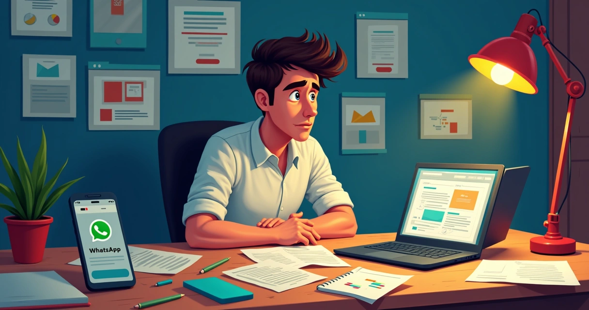 Pessoa cercada por ferramentas digitais diversas, com expressão cansada 