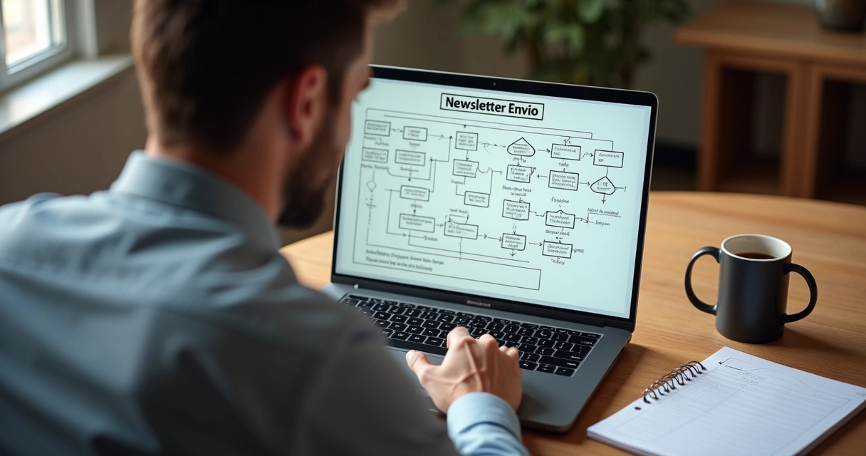 Um empresário programando e revisando envio semanal da newsletter. 