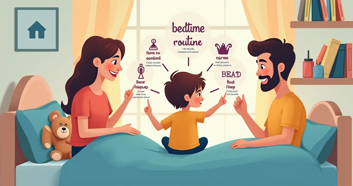 Criança autista aponta para quadro com rotina noturna e pais ao lado 