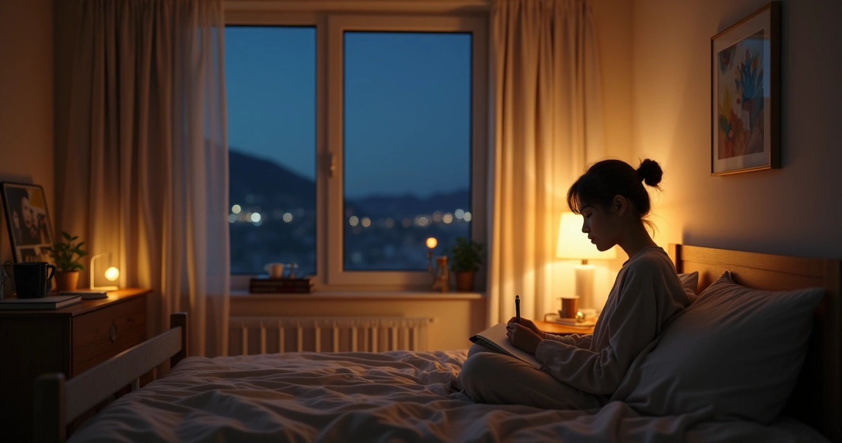 Pessoa sentada na cama escrevendo diário à noite com luz suave 