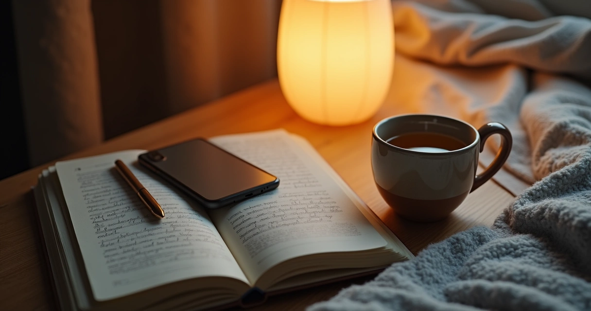 Caderno aberto com chá e luz suave em rotina noturna