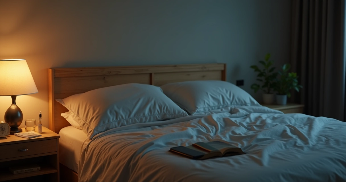 Quarto calmo com abajur, livro e relógio ao lado da cama 