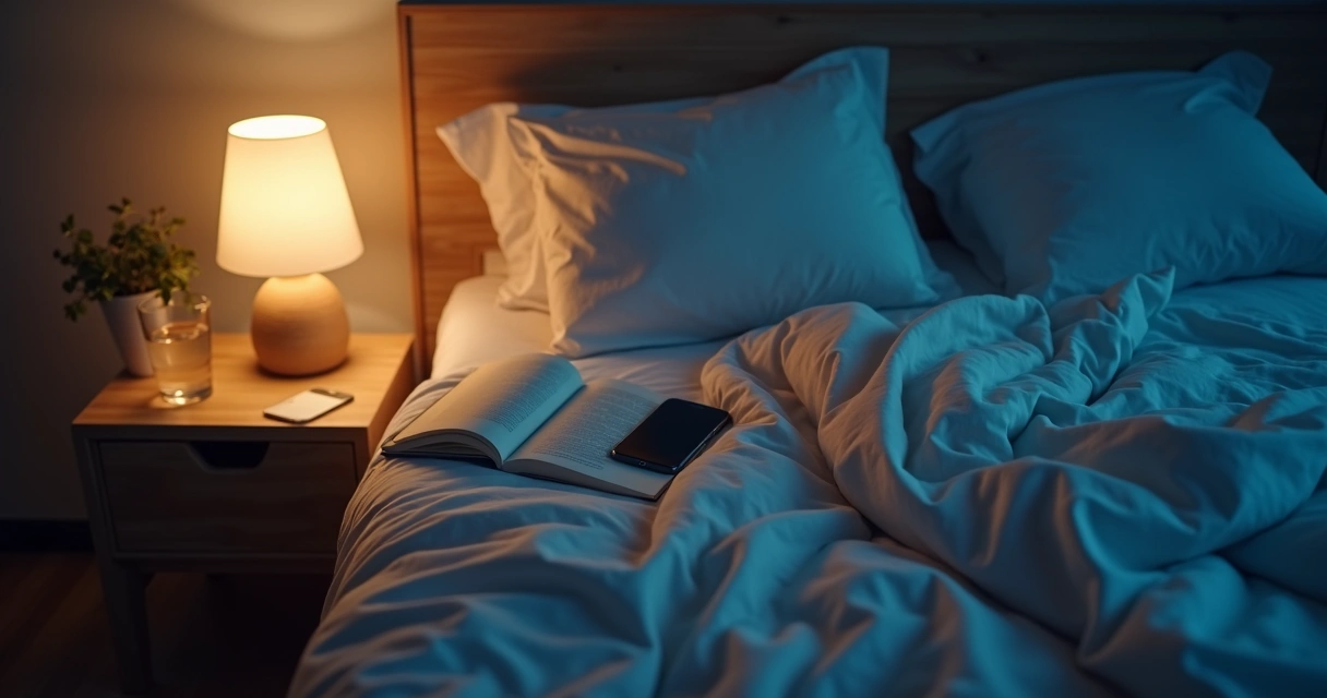 Ambiente calmo com rotina noturna e livro ao lado da cama 
