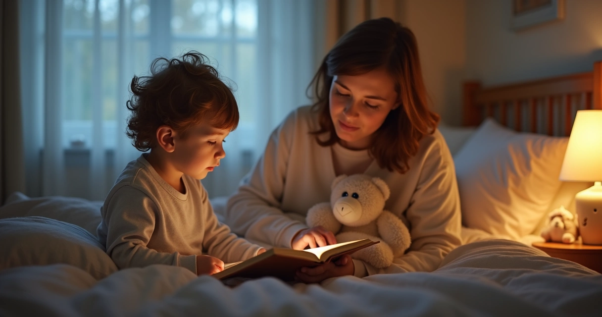 Quarto infantil com luz suave, criança de pijama ouvindo história. 