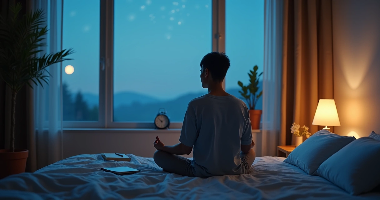 Pessoa sentada na cama à noite junto à janela aberta olhando o céu estrelado 