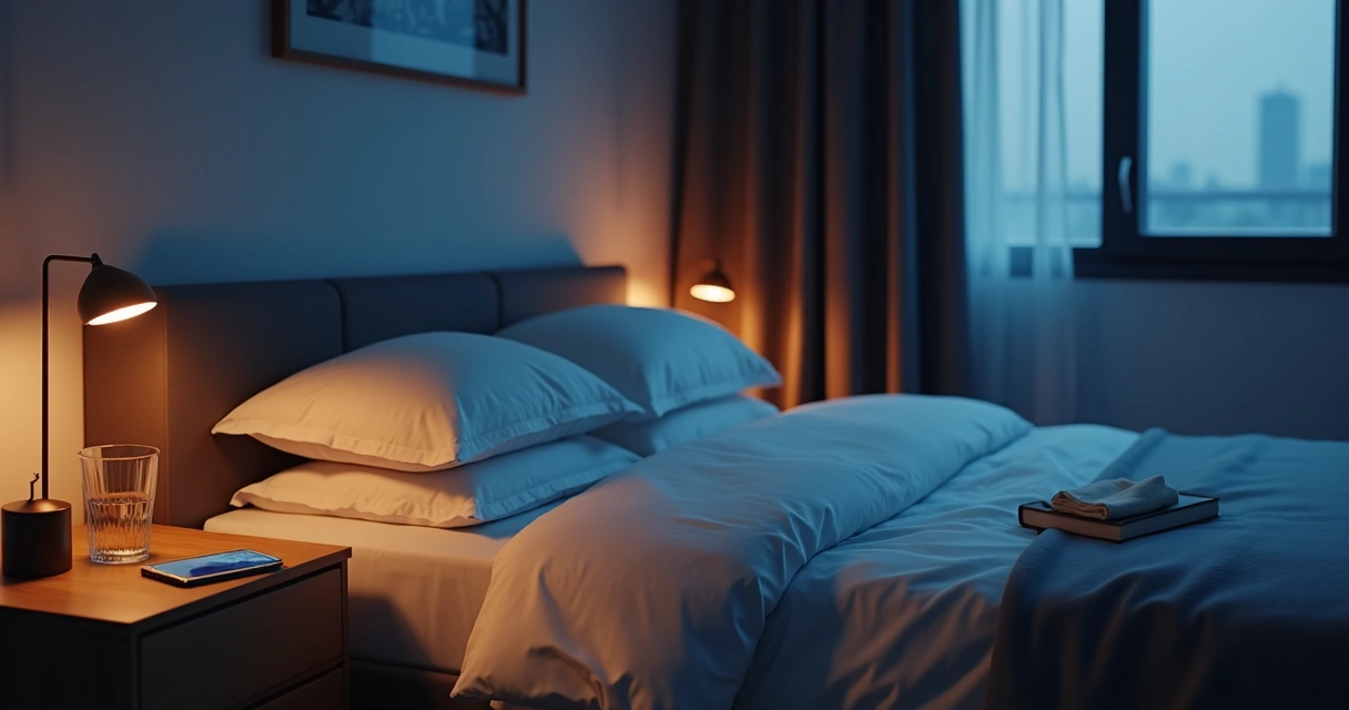 Quarto em luz suave com rotina noturna tranquila 