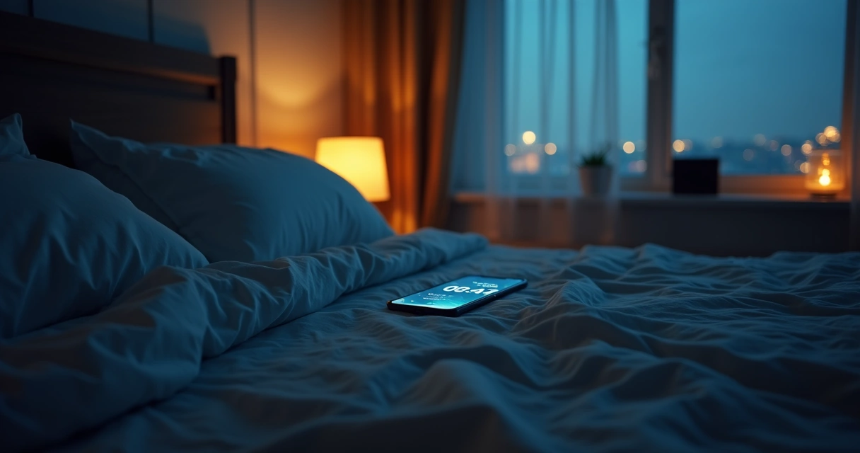 Quarto com luz baixa, celular na cama e relógio marcando tarde