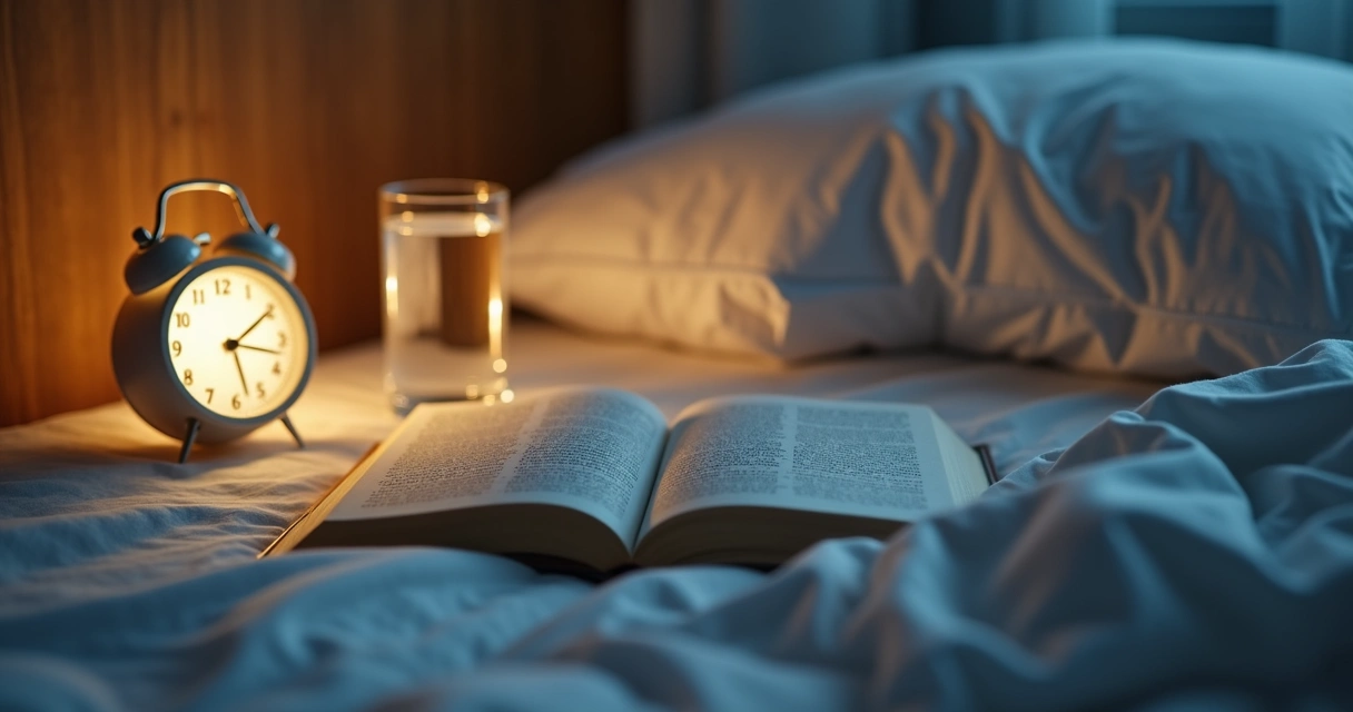 Mesa de cabeceira com livro água e abajur em ambiente calmo 