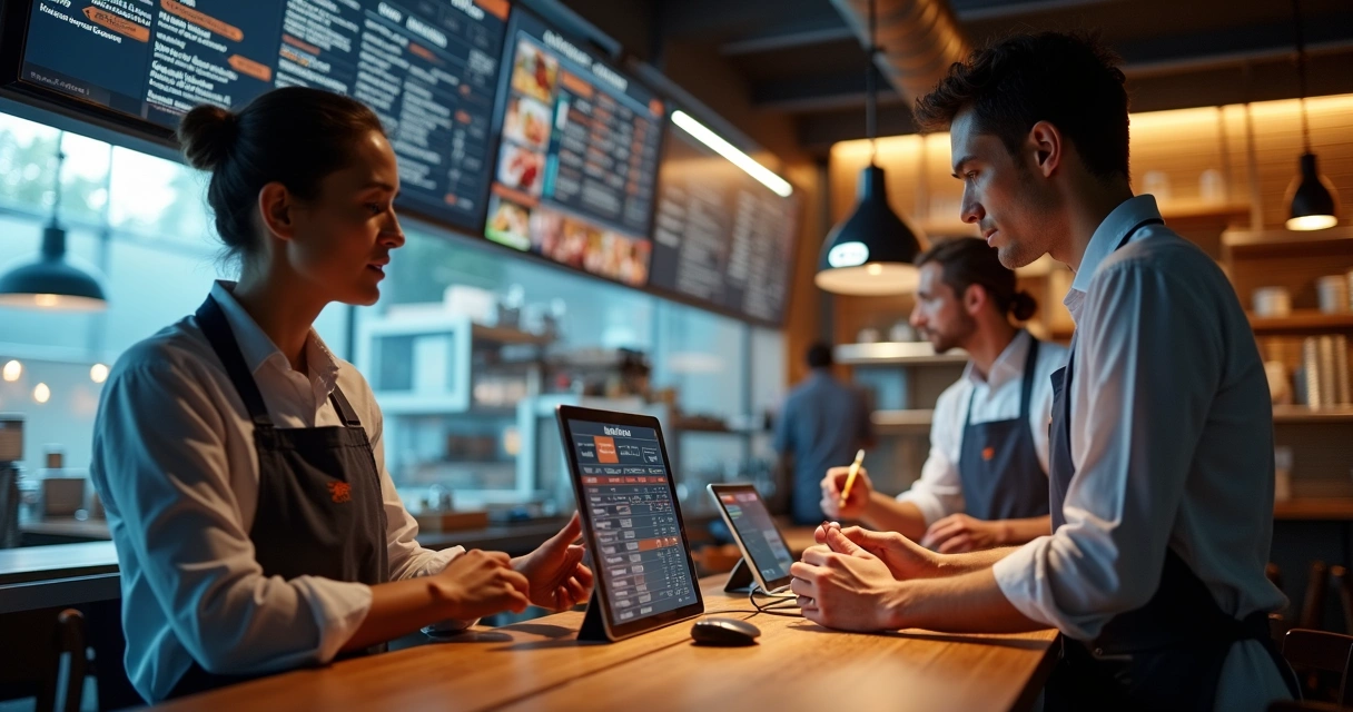 Equipe de restaurante usando várias telas integradas, destacando tecnologia na gestão
