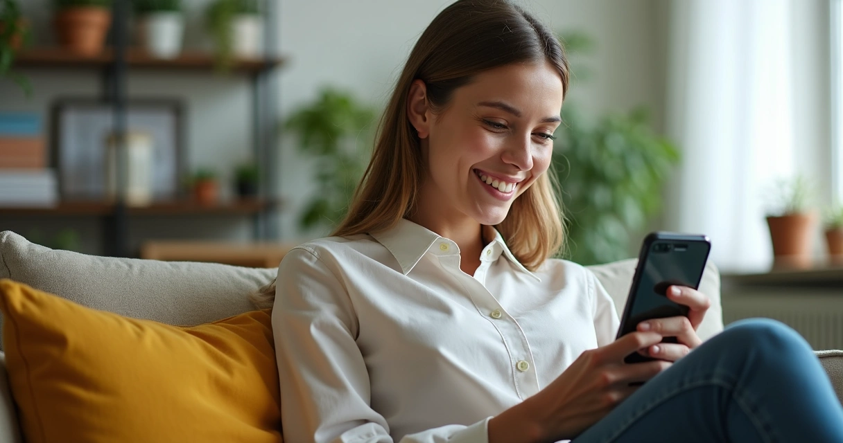 Pessoa olhando relatório financeiro colorido no WhatsApp, sentado no sofá. 