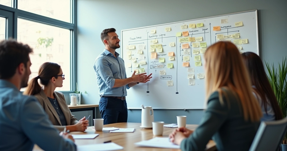 Quadro branco com organização de processos de vendas e gestor orientando equipe 