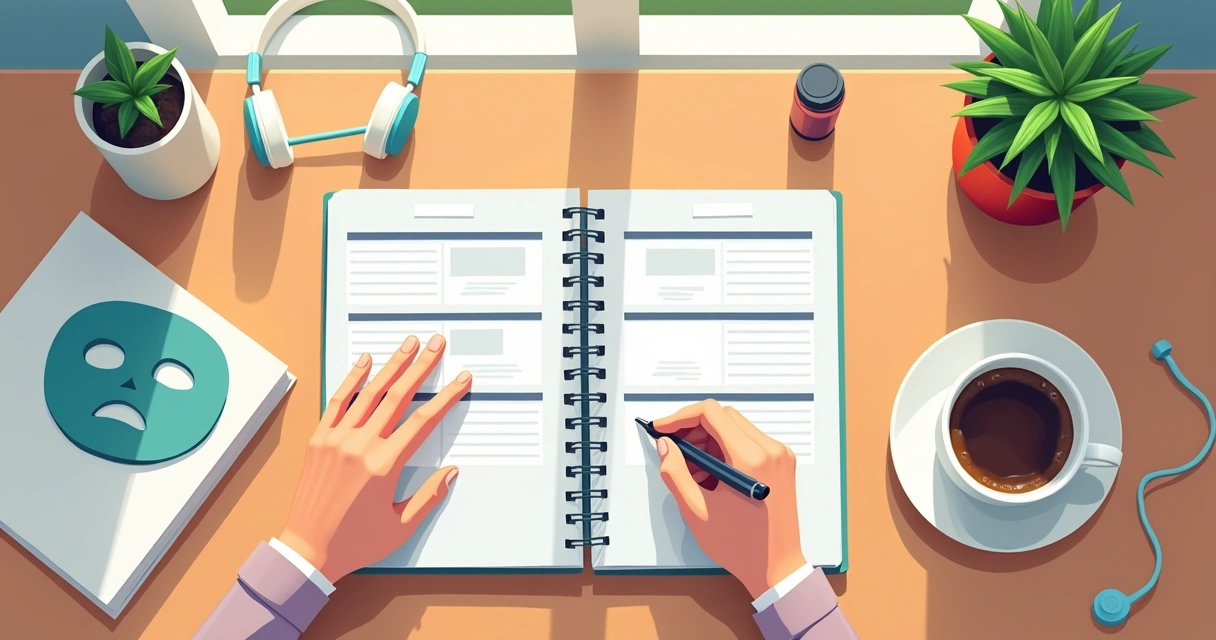 Pessoa planejando uma rotina em uma agenda ao lado de uma xícara de café, com itens de autocuidado por perto.