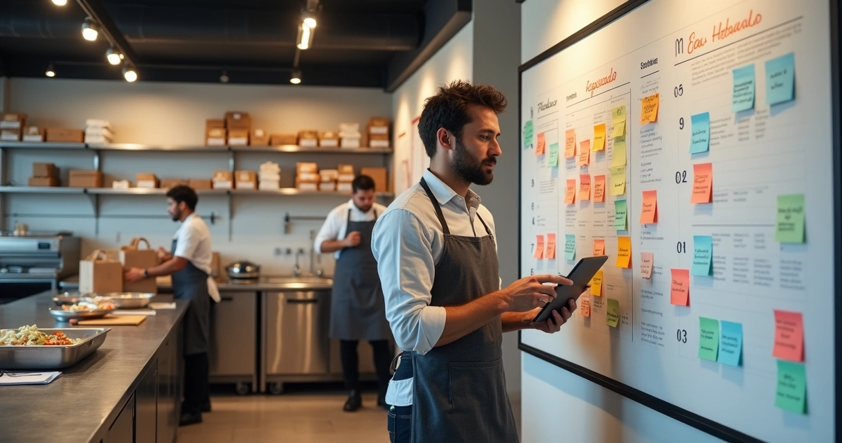 Gestor de delivery organiza quadro de tarefas na cozinha com equipe ao fundo 
