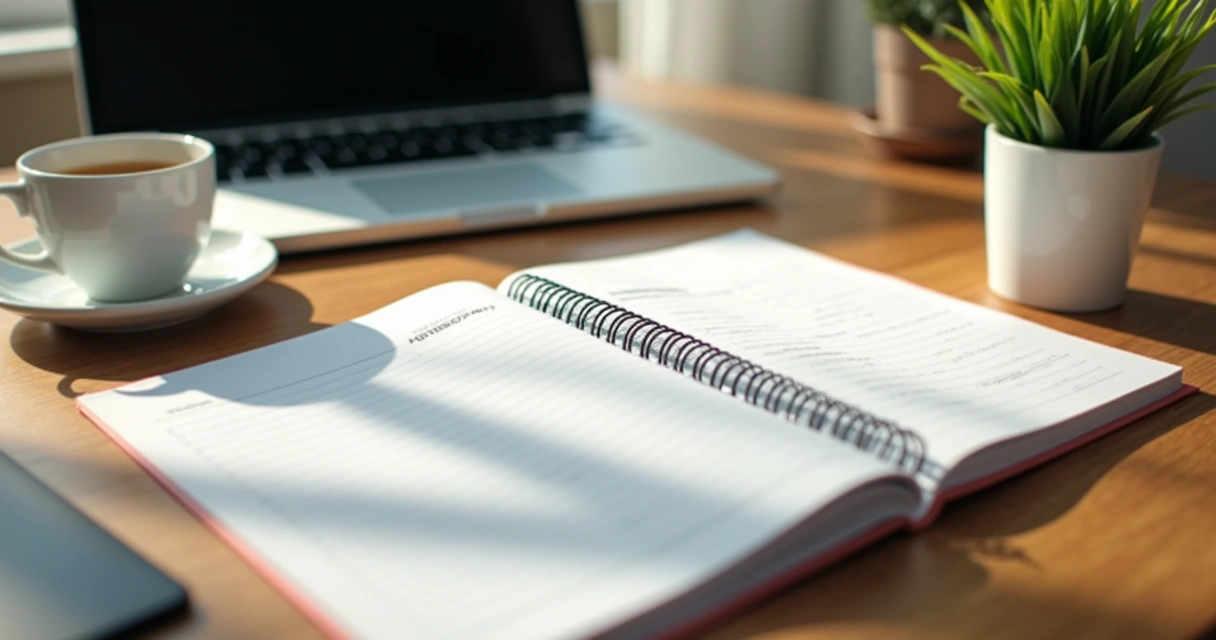 Mesa de trabalho organizada com agenda e planta ao lado 