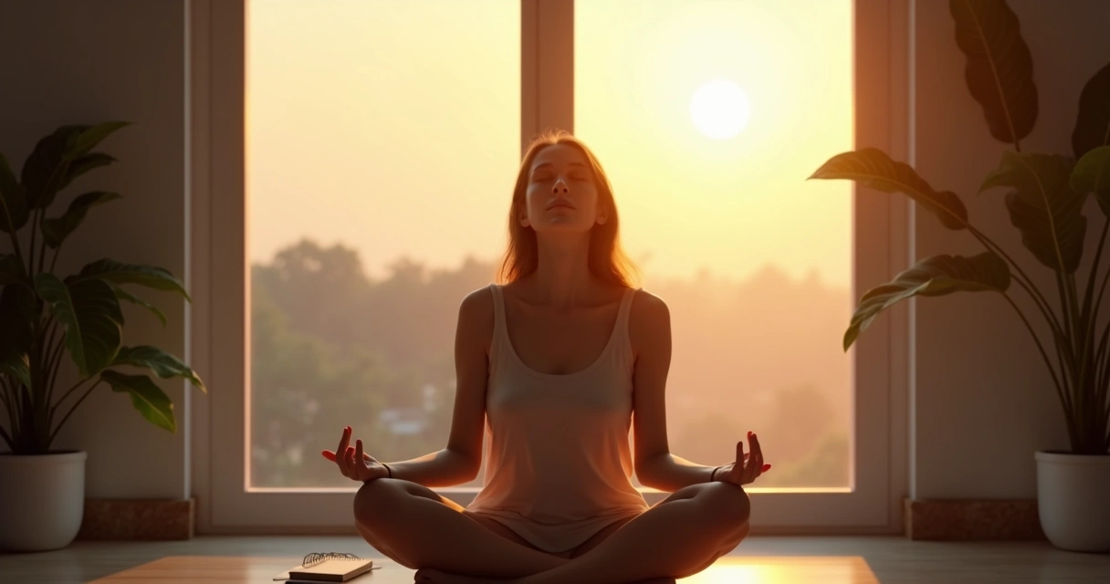Pessoa sentada com olhos fechados em pausa de reflexão, luz suave ao entardecer, ambiente calmo.