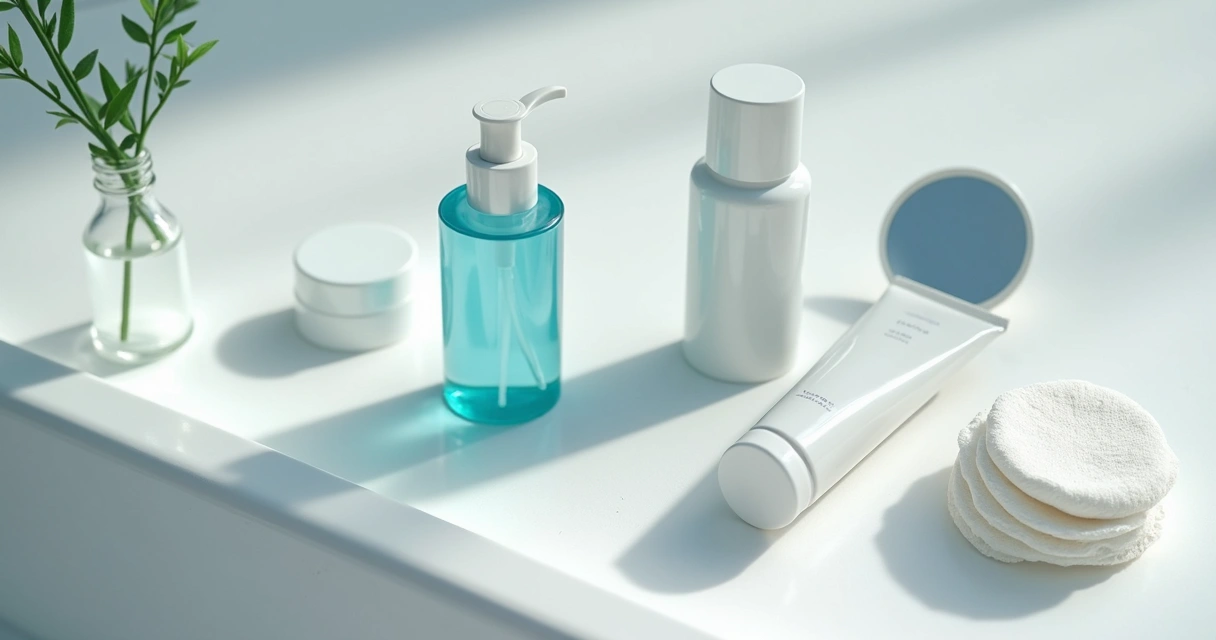 Produtos leves de skincare organizados para rotina de pele oleosa 