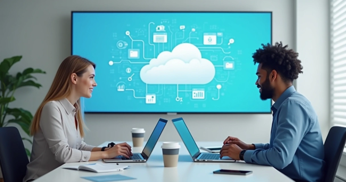 Equipe de pequena empresa usando computadores conectados à nuvem 