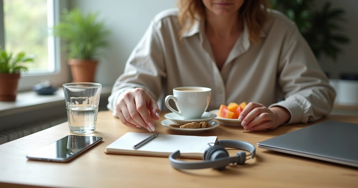 Pessoa sentada à mesa escolhendo entre pequenas ações saudáveis no dia a dia 