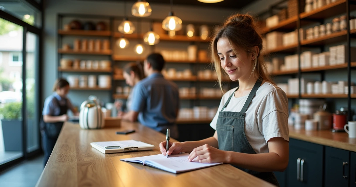 Dona de loja pequena revisando caderno de contas atrás do balcão 
