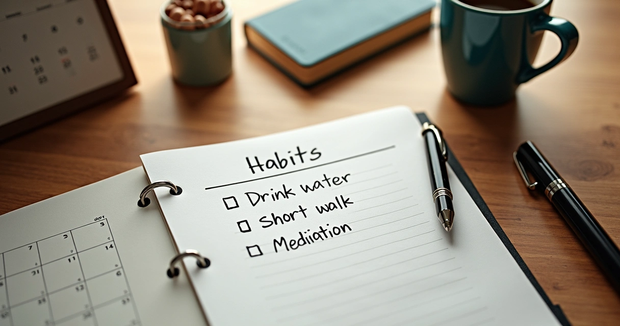 Mesa com objetos de rotina diária e um bloco de notas com lista de hábitos 