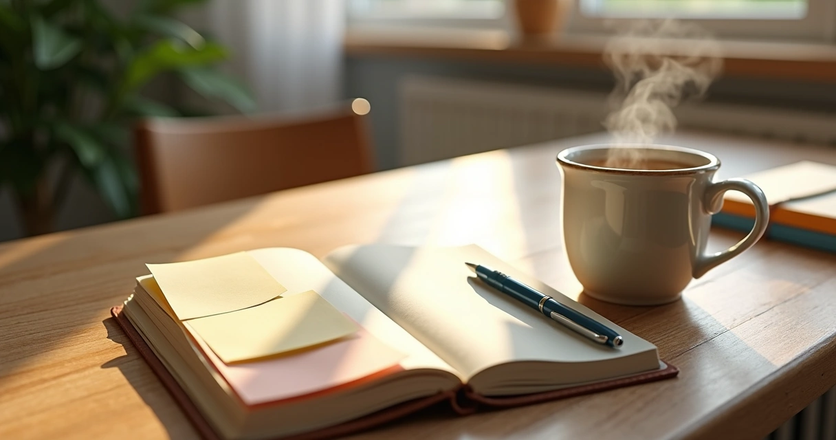 Mesa de madeira com caderno, bloco de anotações e xícara de chá 