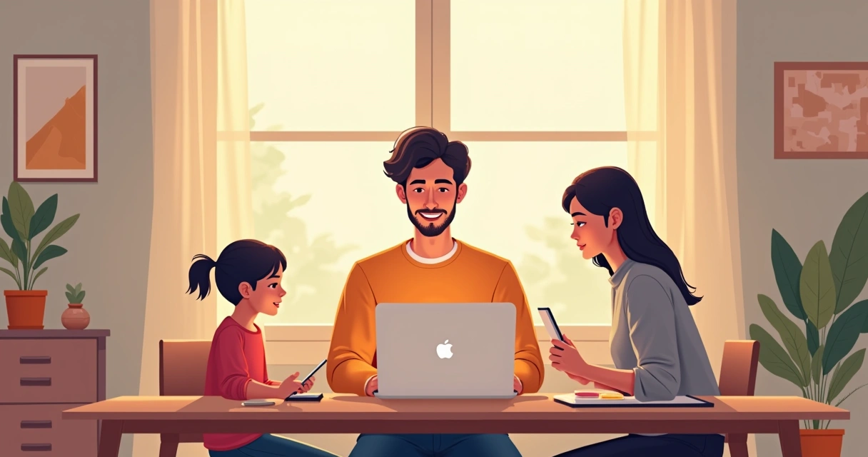 Pessoa dividindo atenção entre notebook e membros da família em casa