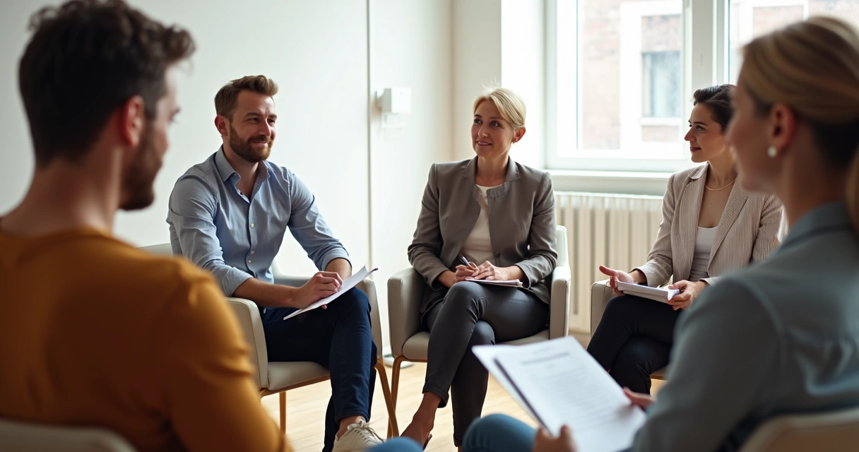 Grupo de pessoas refletindo sobre valores sentados em roda 