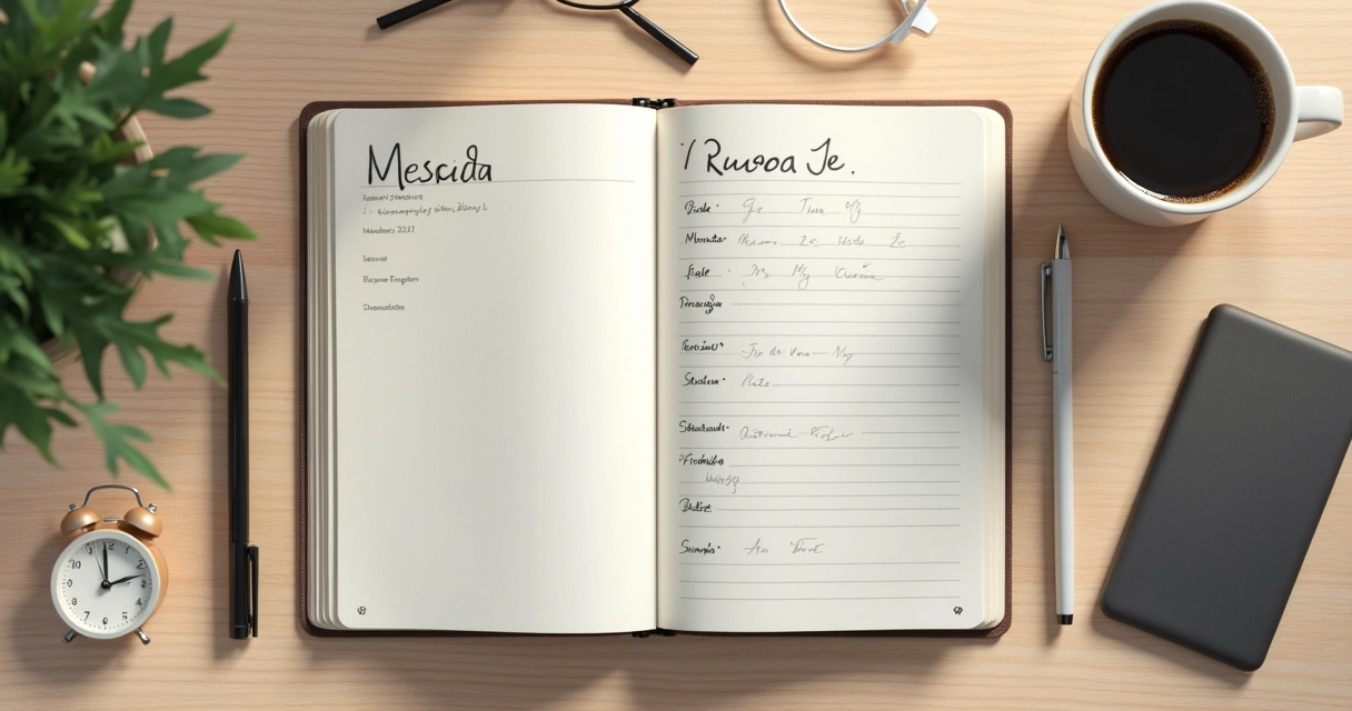Caderno com rotina organizada, xícara e relógio sobre mesa clara 
