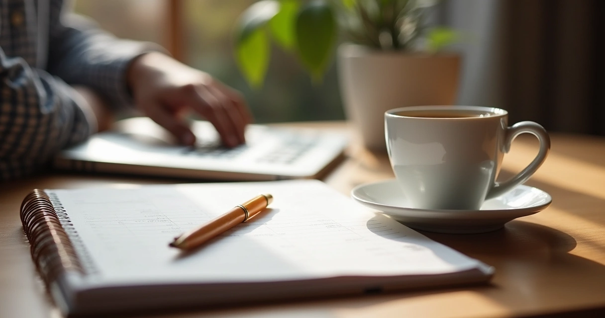 Mesa organizada com agenda, caneta e xícara de café, representando planejamento de hábitos duradouros 